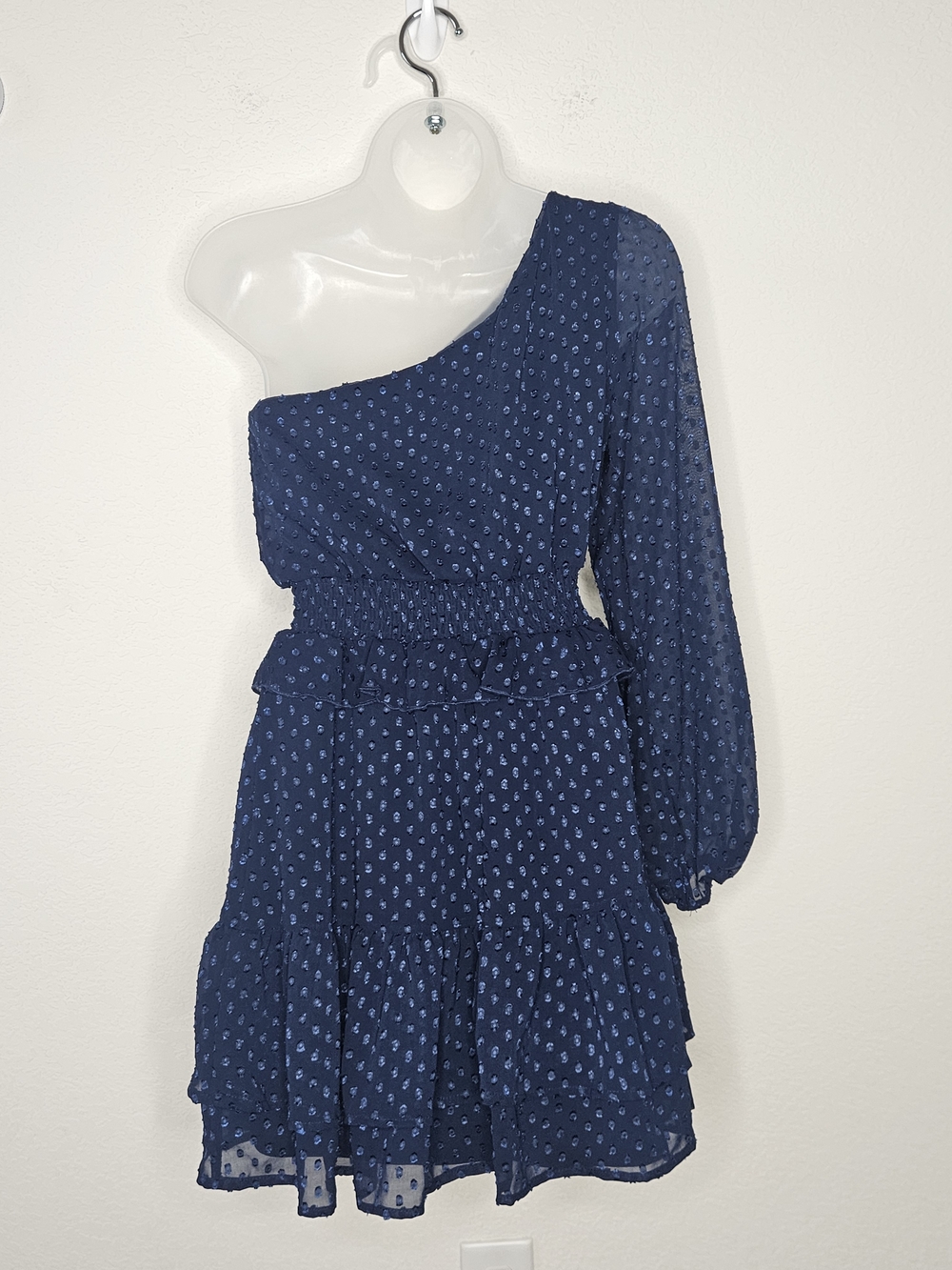 Altar'd State One-Shoulder Navy Swiss Polka Dot Ruffle Tiered Mini Dress Preppy - Picture 6 of 9